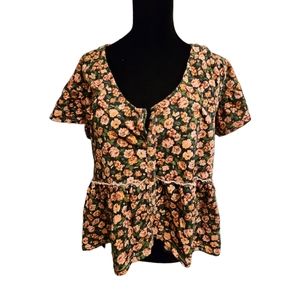 Lucky Brand Cotton Knit Rose Print Top High Low Hem Size Small Oversized